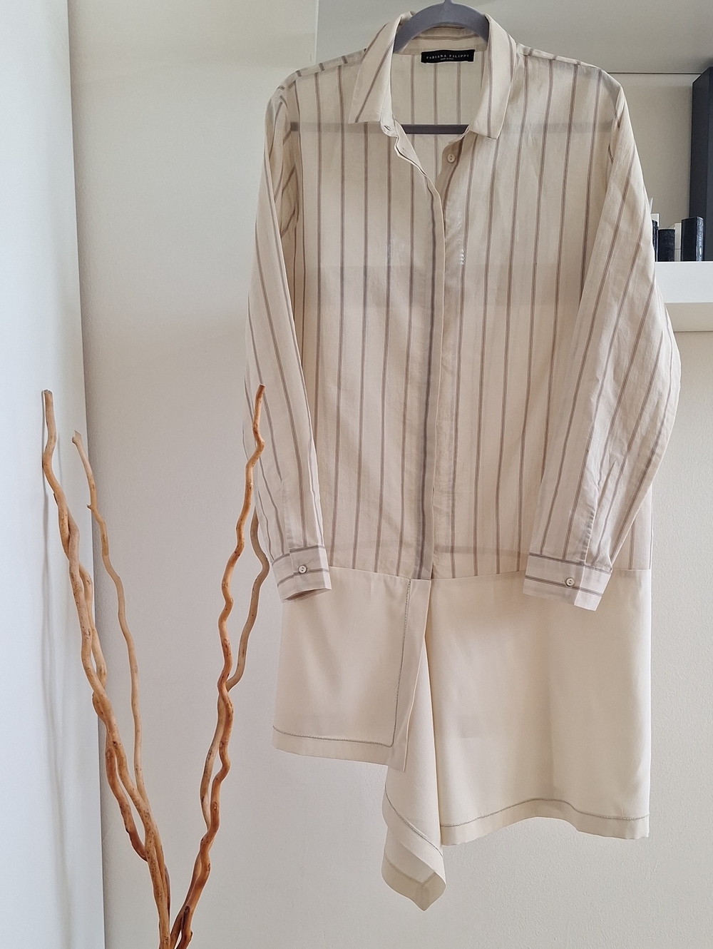 Fabiana Filippi Cream Striped Oversize Long Shirt with Silk Assimetrical Detail